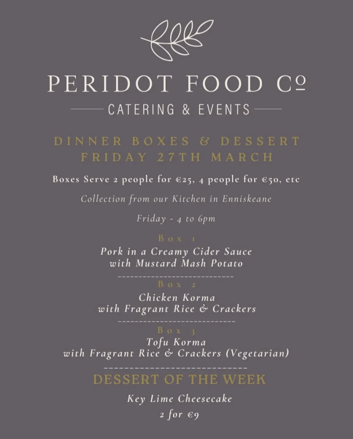 Our very popular Pork in Creamy Cider Sauce is back this week along with a Chicken or Tofu Korma to be followed by delicious Key Lime Cheesecake 👌

Orders in by 6pm this Thursday please 

☎️ Call or WhatsApp us on 083-1299446 to place your order 

?