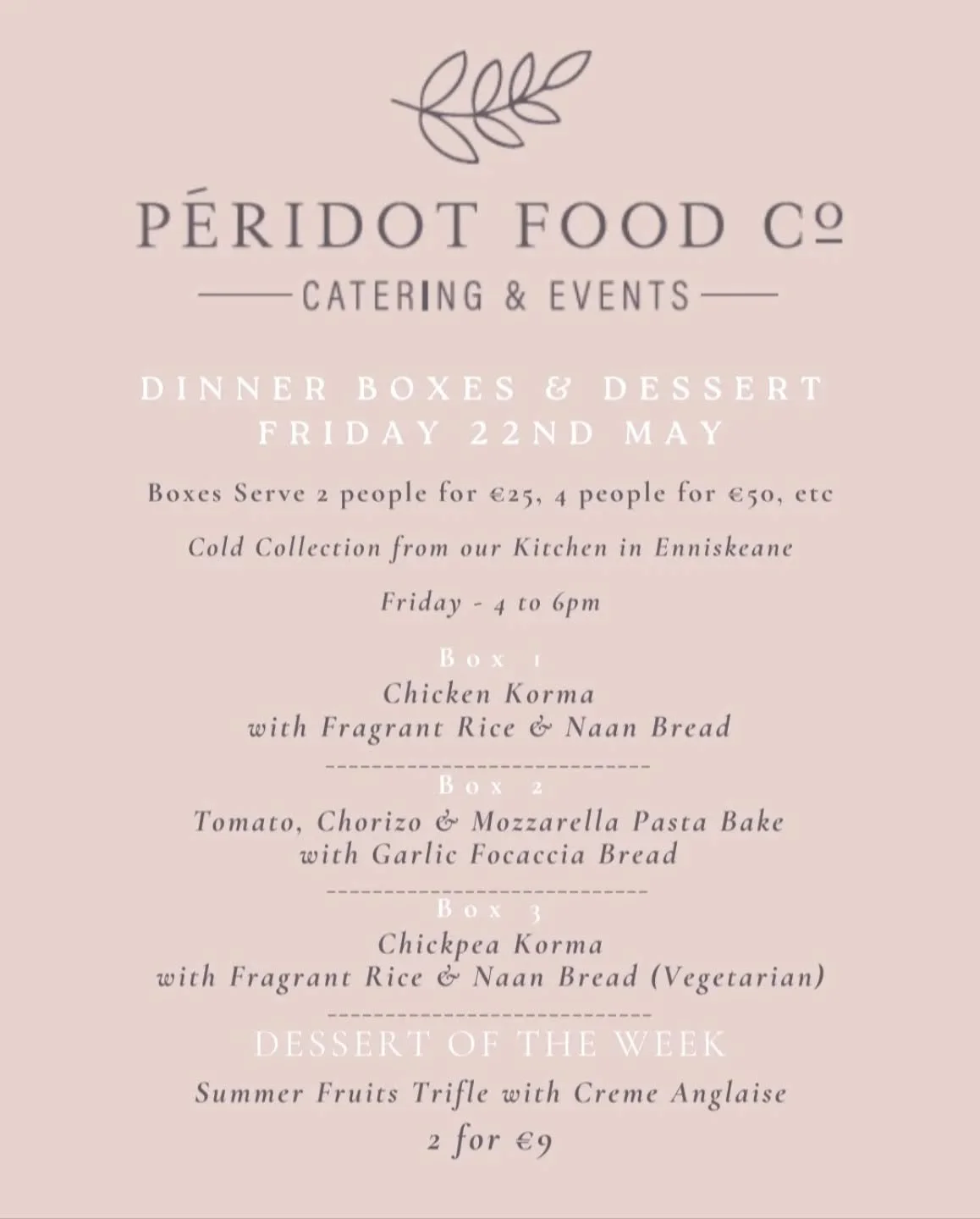 Your Friday evening just got easier!
Homemade Dinner Boxes available this Friday &mdash; perfect for cosy nights in, family dinners or a treat after a long week 😀

Orders in by 6pm this Thursday please 

☎️ Call or WhatsApp us on 083-1299446 to plac