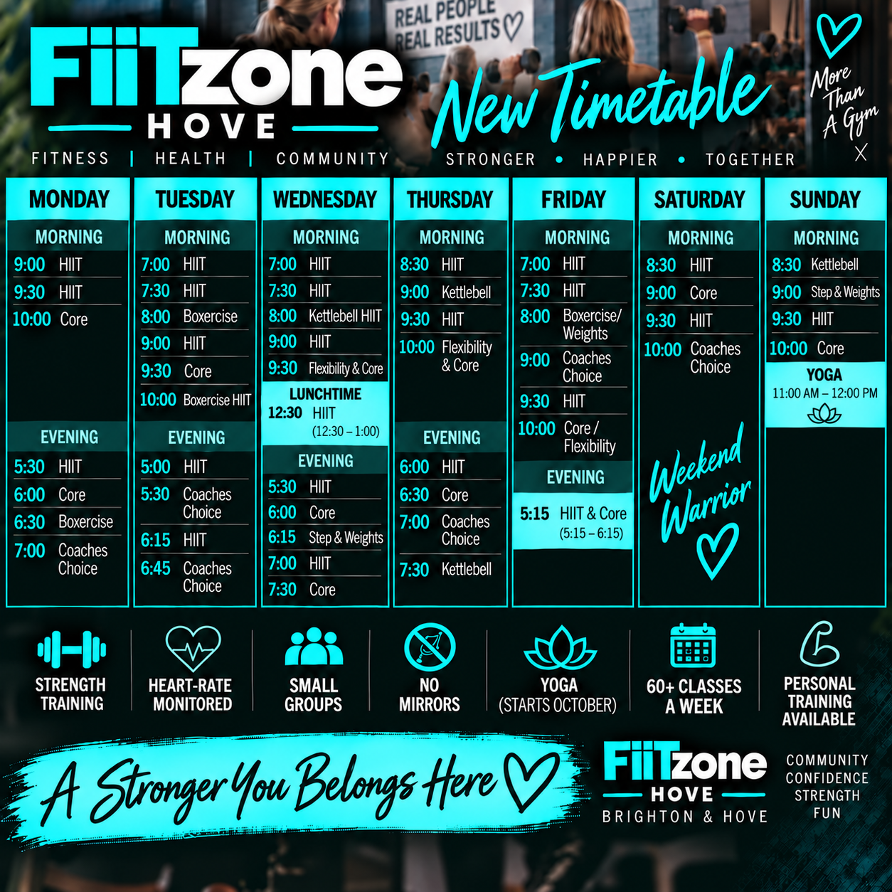 Schedule of fitness classes at FitZone Hove, including various classes from Monday to Sunday with times and descriptions, with a background of a gym scene and motivational slogans.