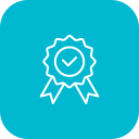 Icon of a badge with a check mark, representing quality or certification.