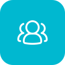 Icon of three people with a teal background.