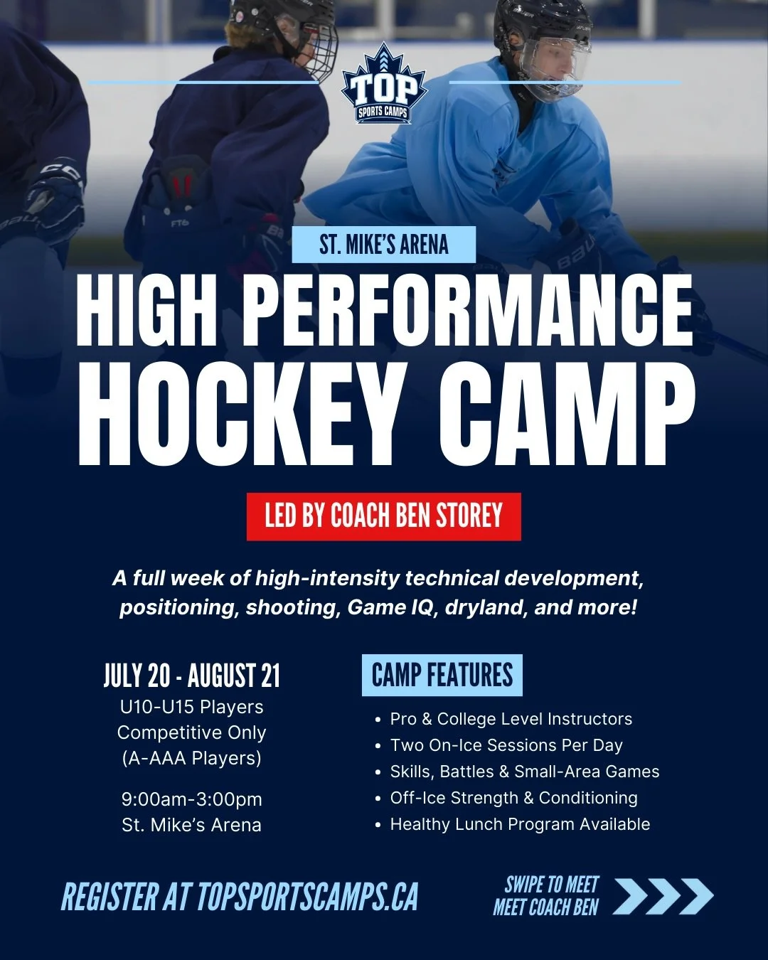 🚨 NEW CAMP! 🚨

💥 This summer we are excited to introduce a brand-new High Performance Hockey Camp led by Coach Ben Storey!

⚡️ Offered during the weeks of July 20 - August 21 at St. Mike&rsquo;s Arena, our High Performance Hockey Camp combines adv