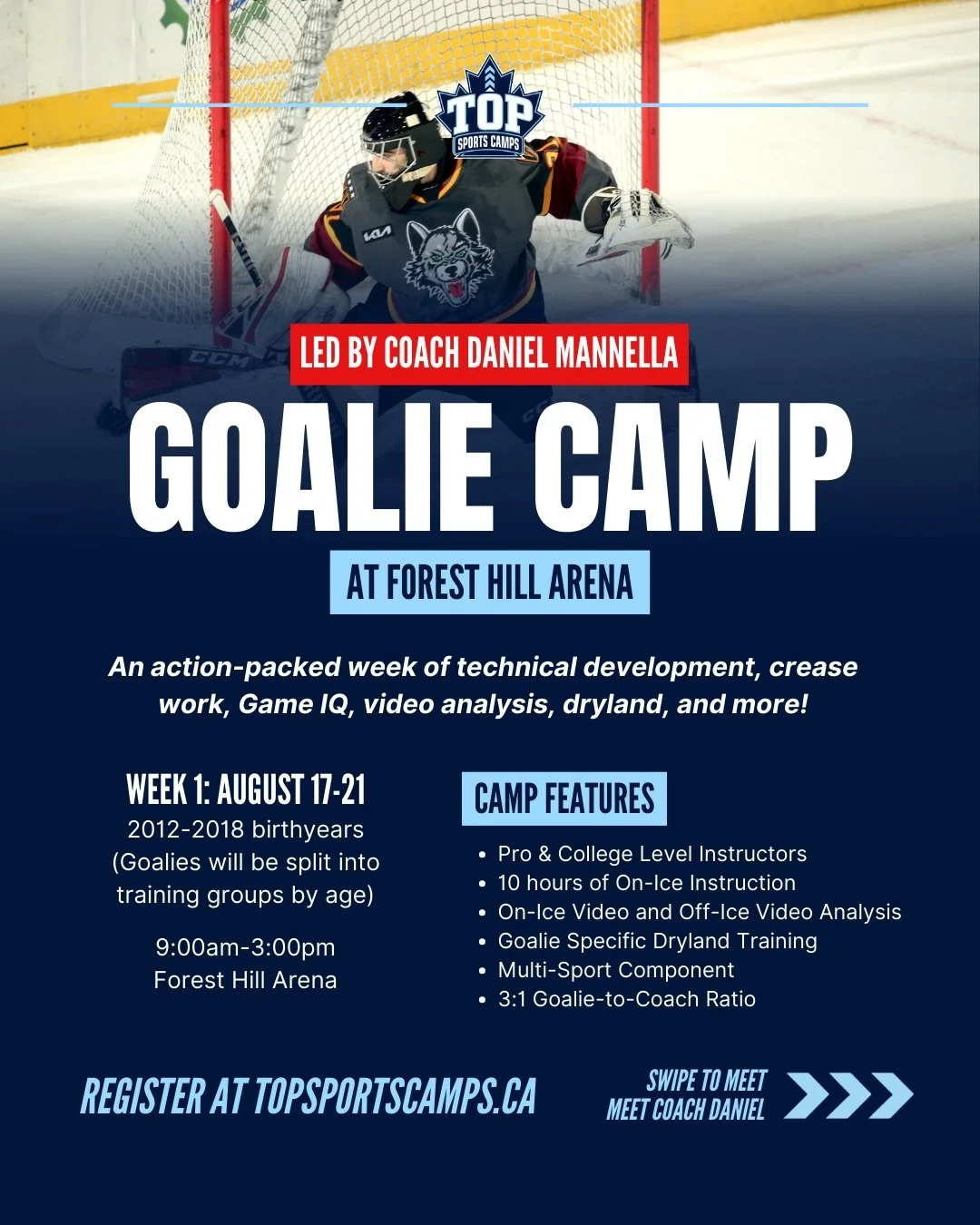 🚨 Back by popular demand, we&rsquo;re excited to bring back our Pre-Season Goalie Camp led by Coach Daniel Mannella!

🥅 Offered exclusively during the week of August 17-21 at Forest
Hill Arena, our Pre-Season Goalie Camp is designed to prepare goal