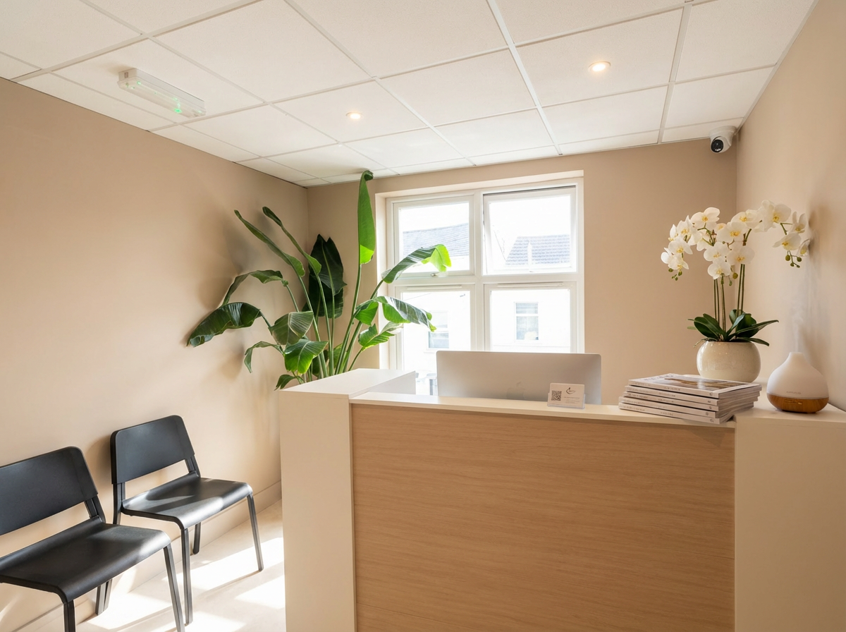 A reception area with two black chairs, a large green plant, a window, and a desk with a stack of magazines, a white orchid in a vase, and a small figurine.