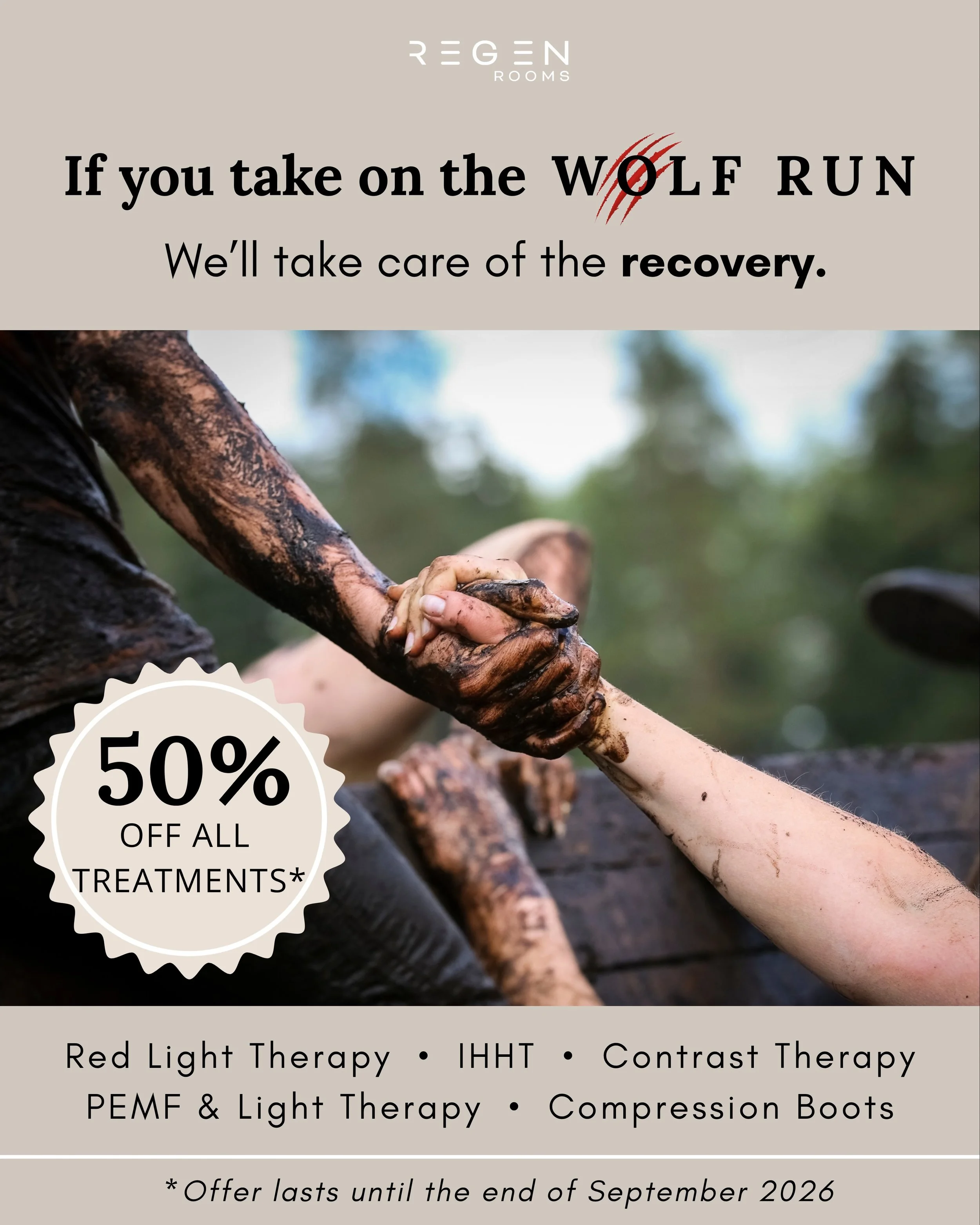 You conquered the Wolf Run. Now recover with the pack. 🐺

We&rsquo;re giving participants of @the_wolf_run 50% OFF treatments at ReGen Rooms to help you recover after the challenge.

Choose the recovery that works for you:

🔥❄️ Contrast Therapy + F