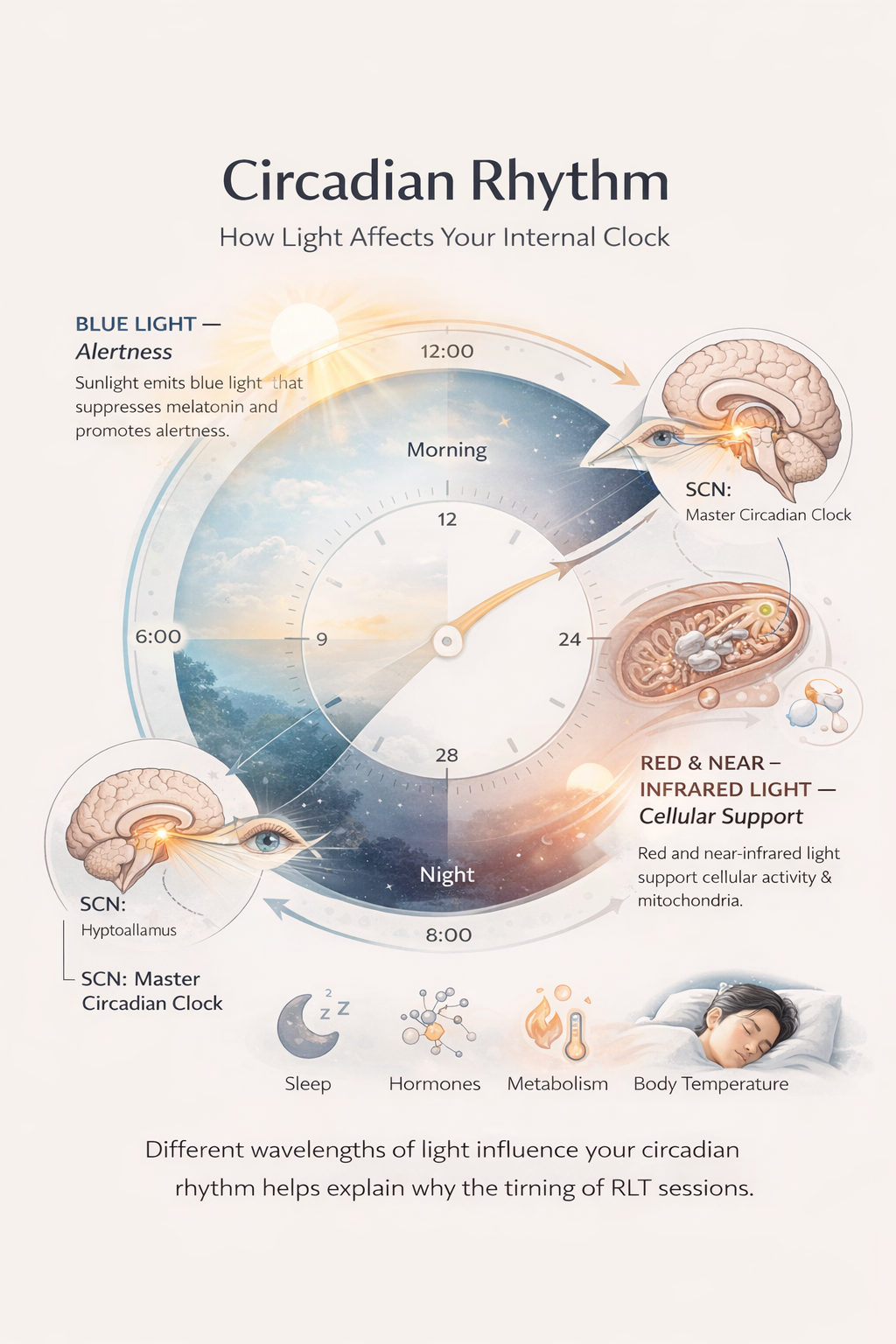 Infographic explaining how blue light, red light and darkness influence the circadian rhythm and sleep cycle