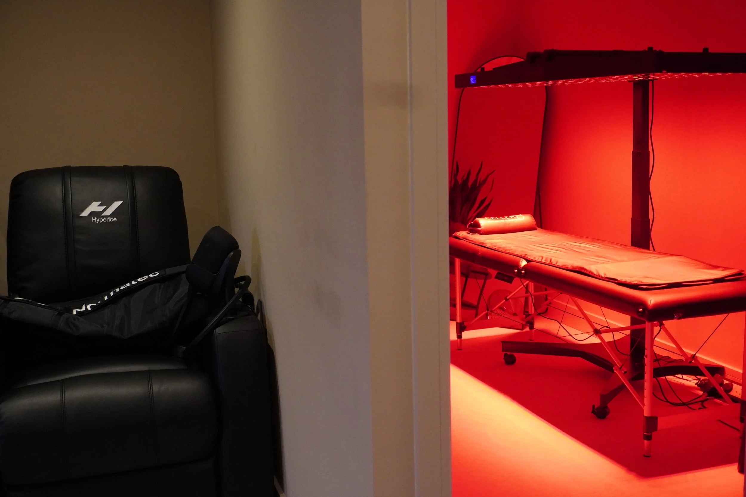 Red light therapy treatment room used for photobiomodulation sessions supporting recovery and circadian regulation