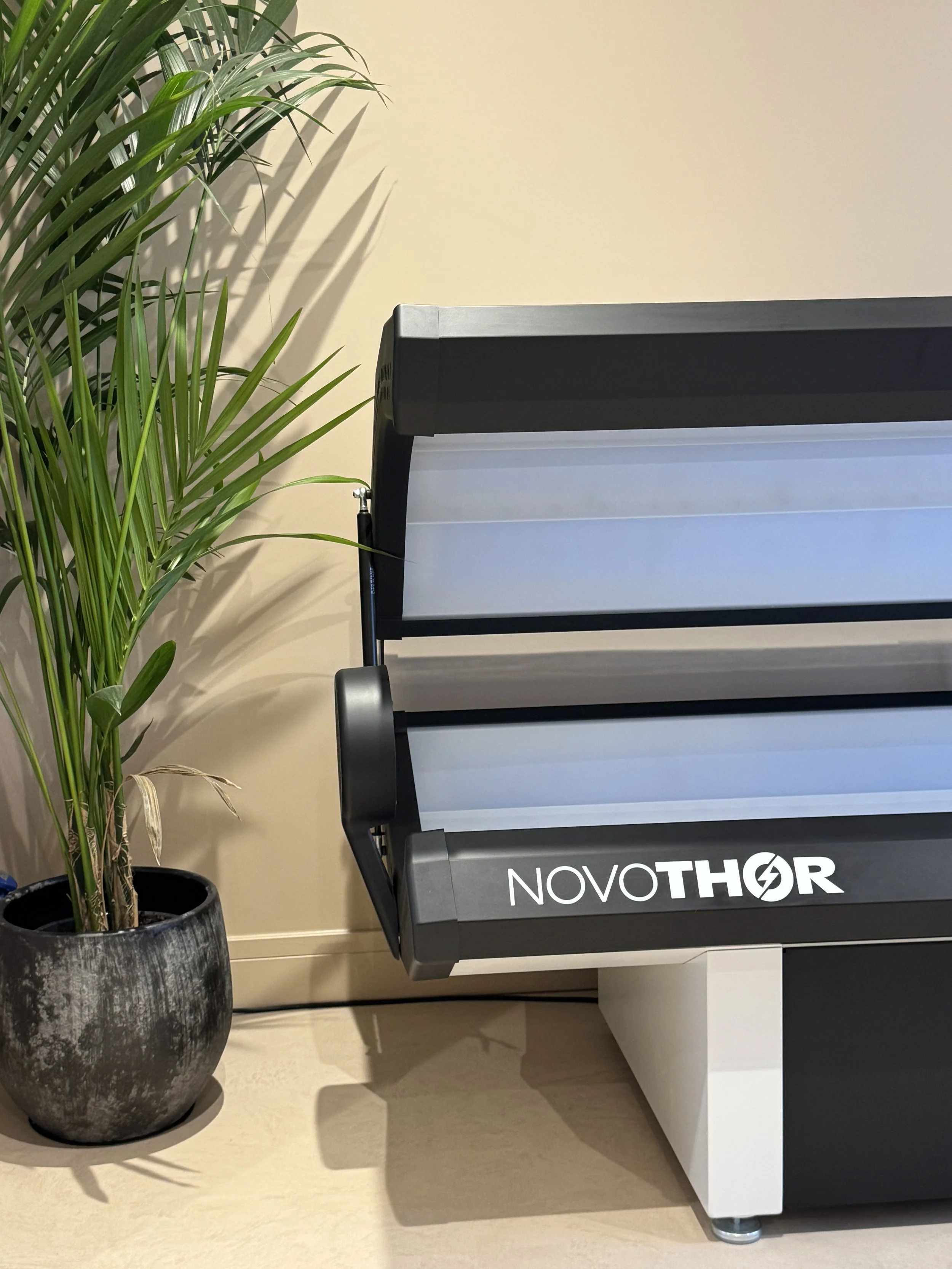 Closed NovoTHOR whole-body photobiomodulation bed inside a calm treatment room at ReGen Rooms.