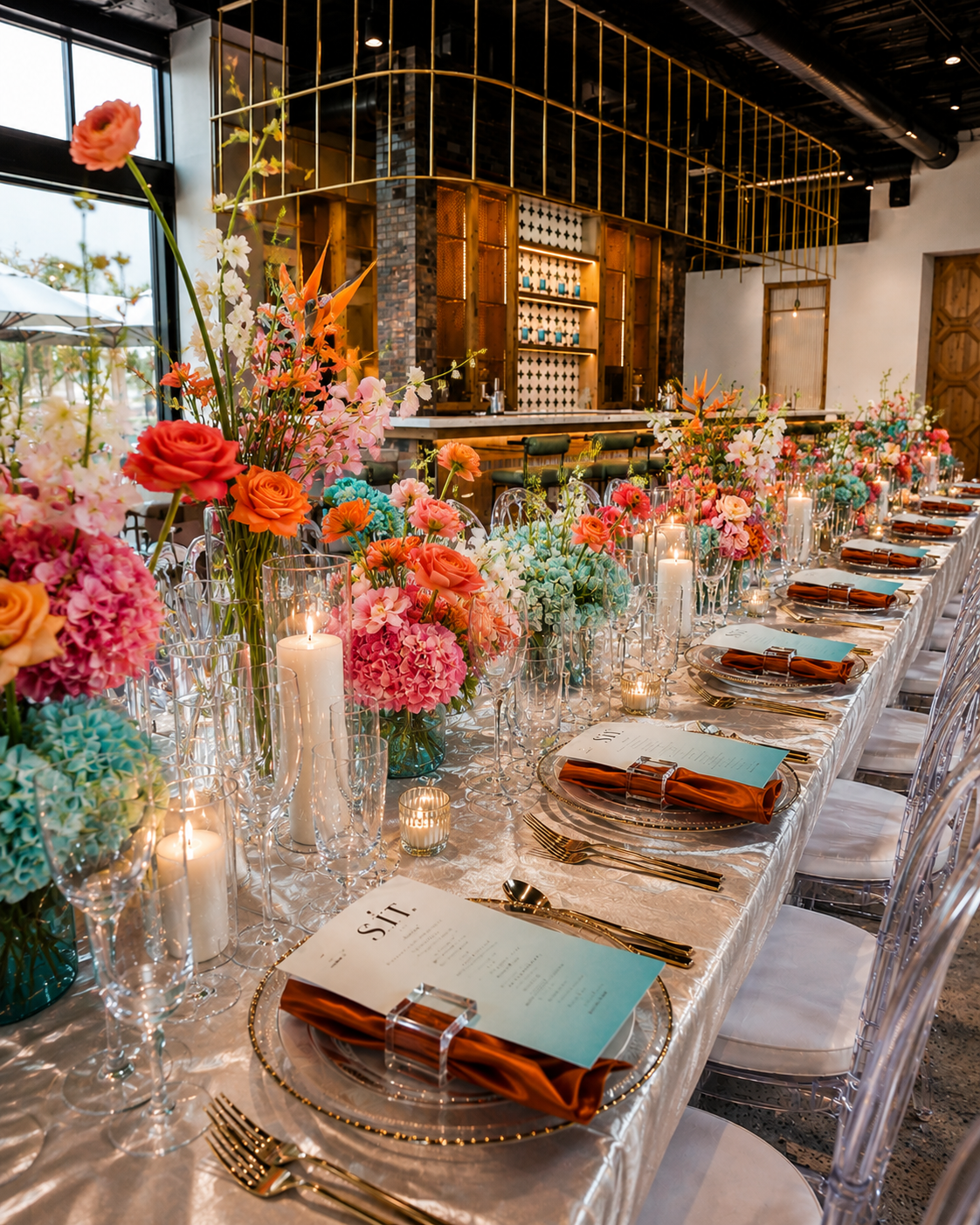 Table scape of gorgeous florals and plate setting
