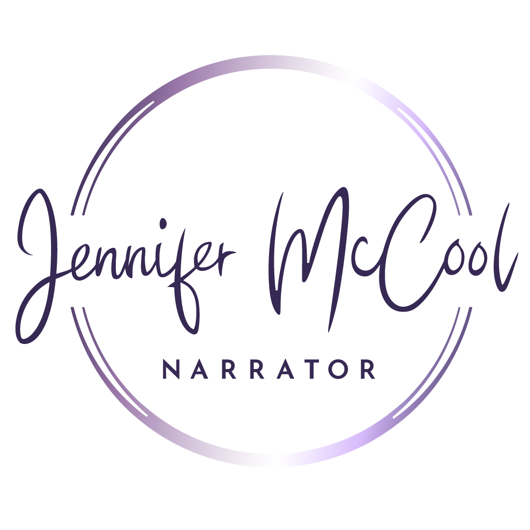 a logo with a large purple circle surrounding the words Jennifer McCool Narrator