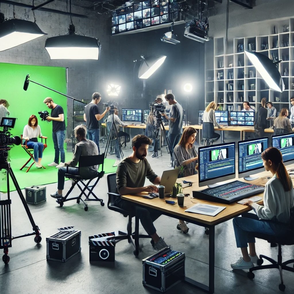 DALL·E 2024-07-03 17.02.13 - A busy video production studio with a diverse team working on creating and editing promotional videos. The space includes a green screen, cameras, lig.jpeg
