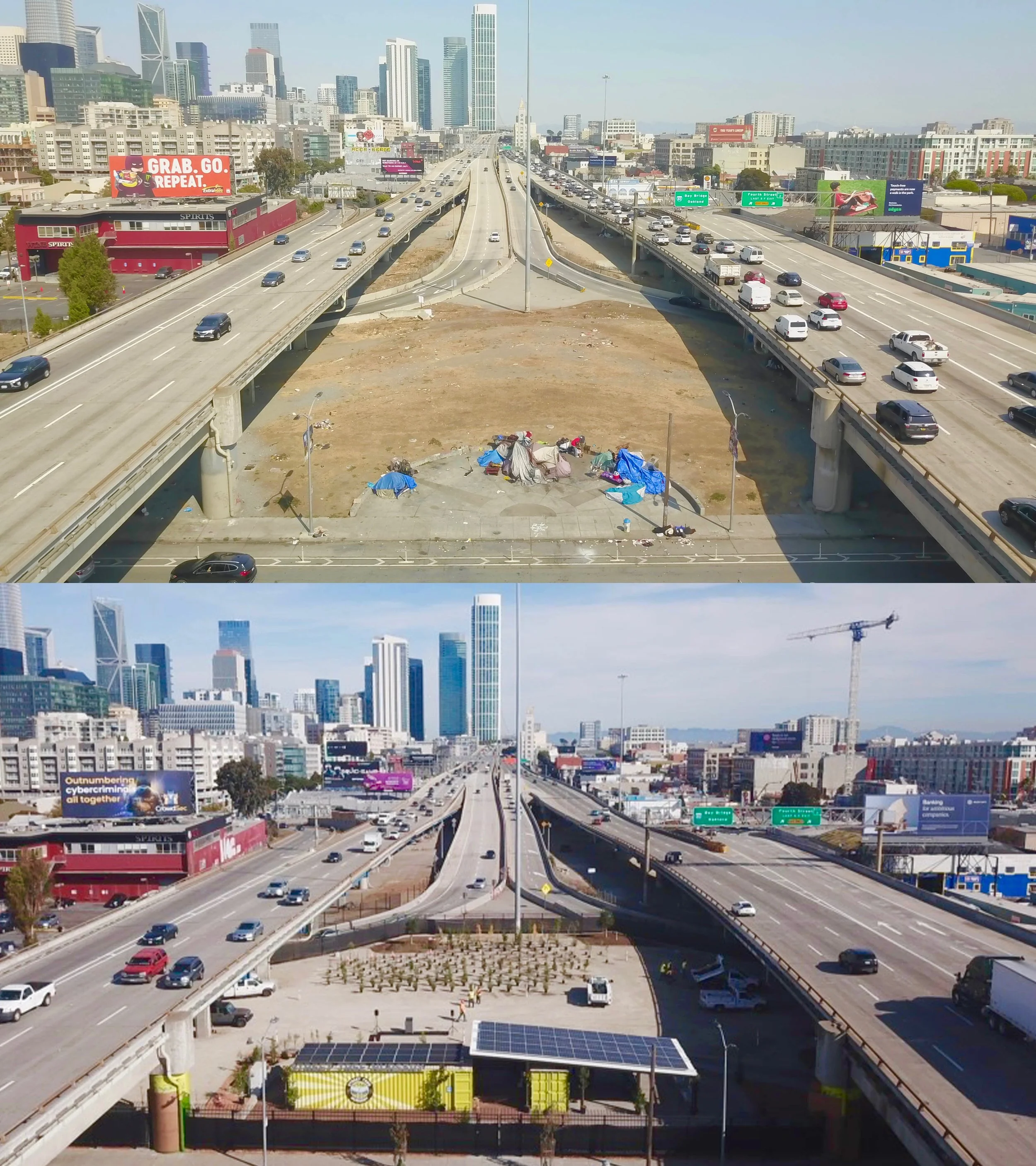 Before and after view of shipping container modular construction for Street Tree Nursery in San Francisco, CA
