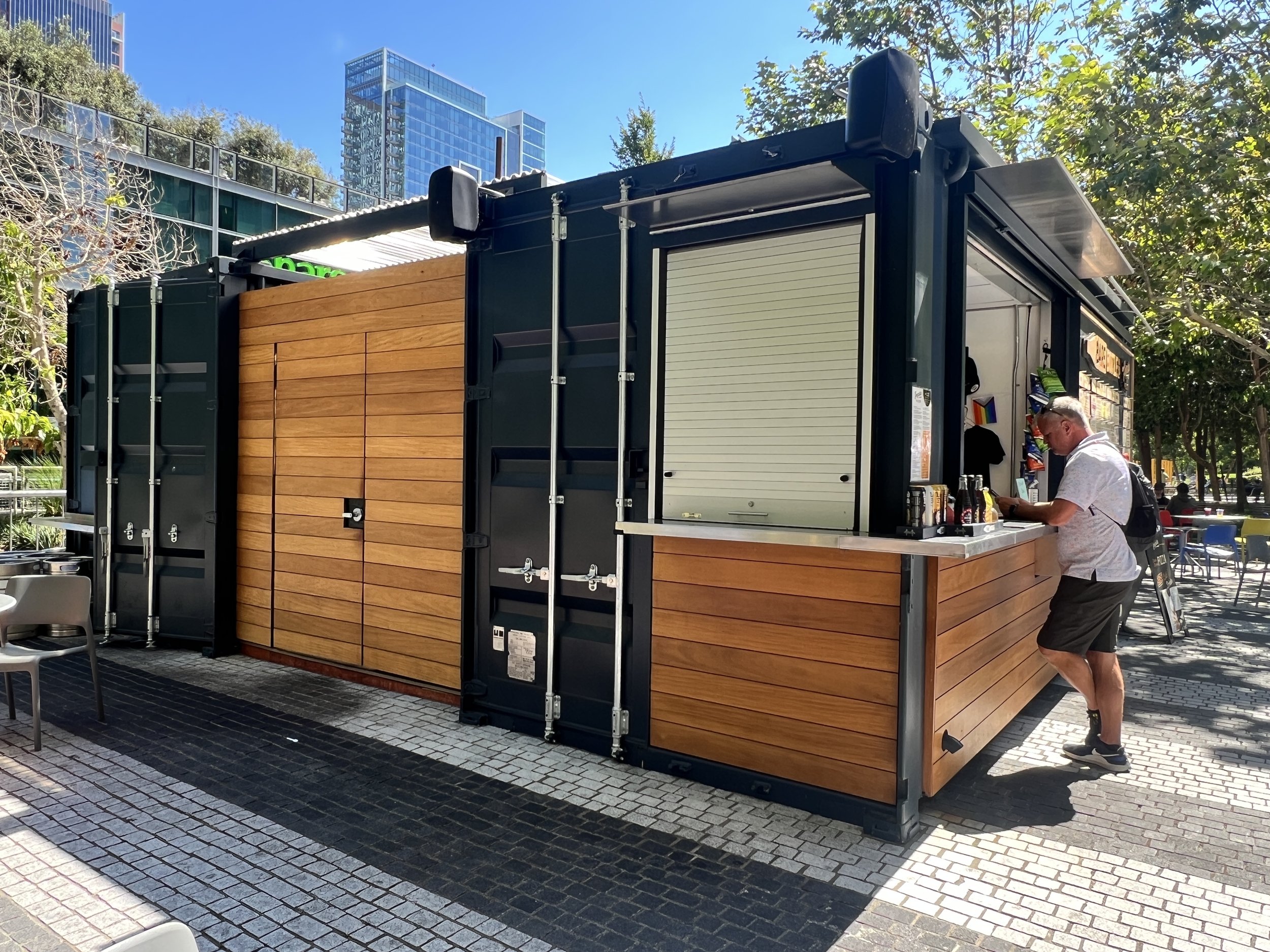 View of shipping container modular construction for Barebottle Brewing in San Francisco, CA