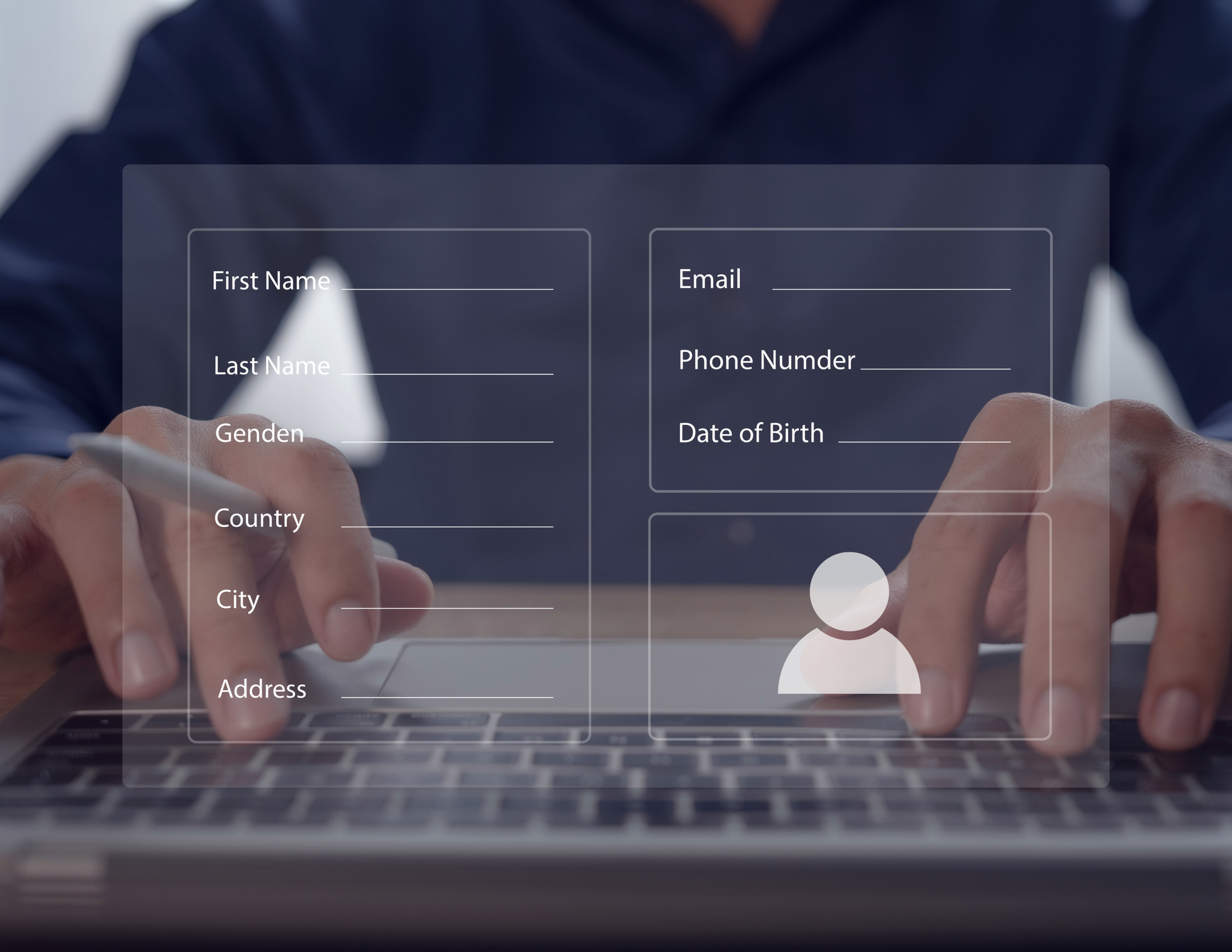 Person typing on laptop with transparent overlay showing digital forms for personal information input, including fields for first name, last name, gender, country, city, address, email, phone number, and date of birth.