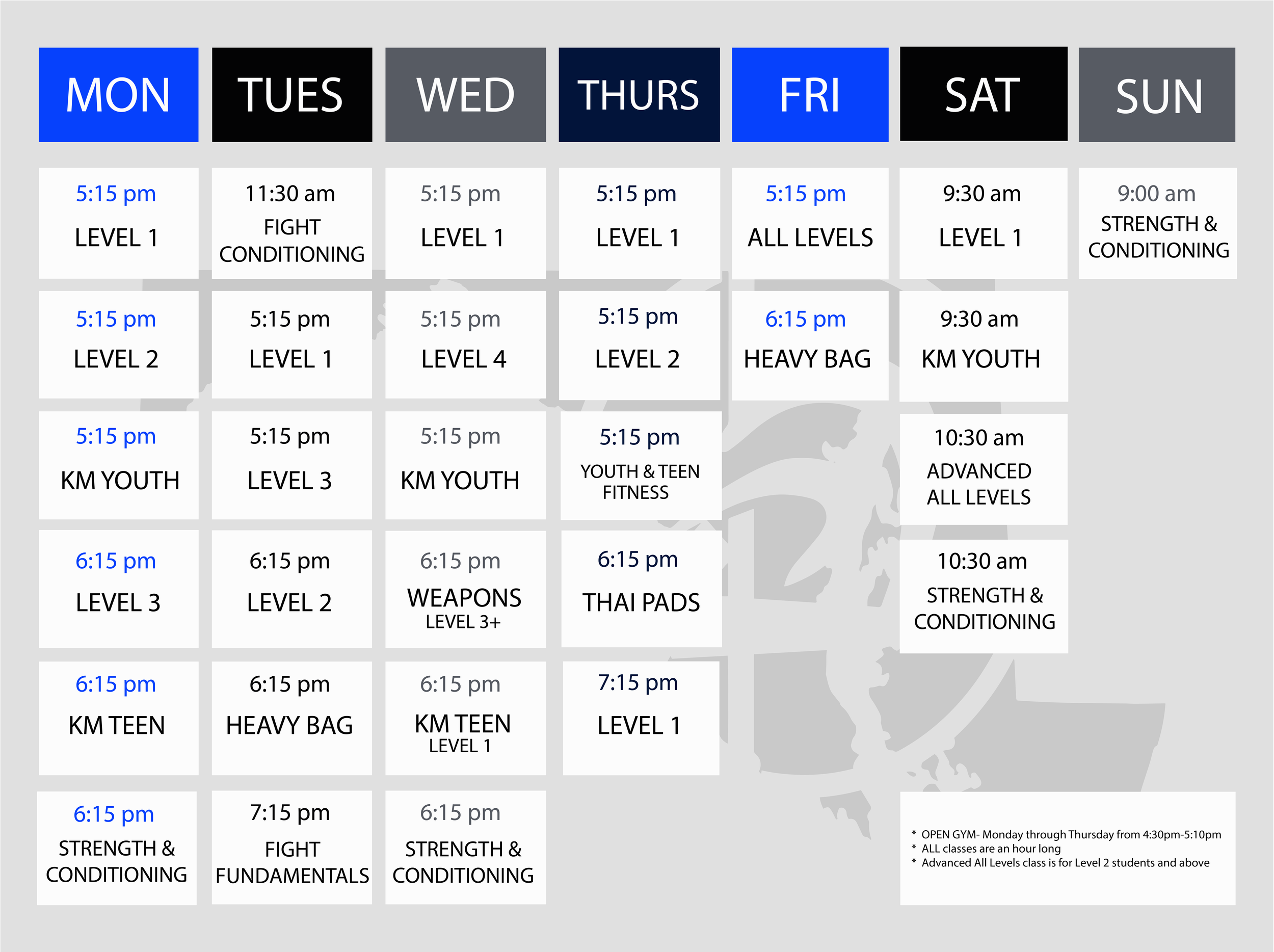 Weekly krav maga and martial arts class schedule with days of the week and times, including levels and class types, on a grid with blue, black, gray, and white background colors.