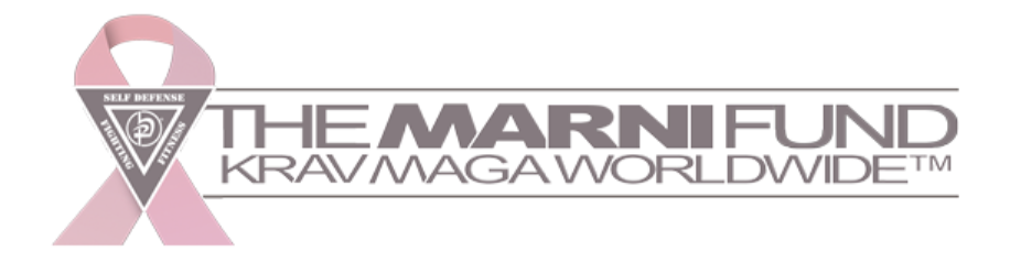 Logo for The Marn Fund Krav Maga Worldwide, featuring a pink ribbon and a triangle emblem with a snake and shield, promoting self-defense awareness and fundraising.