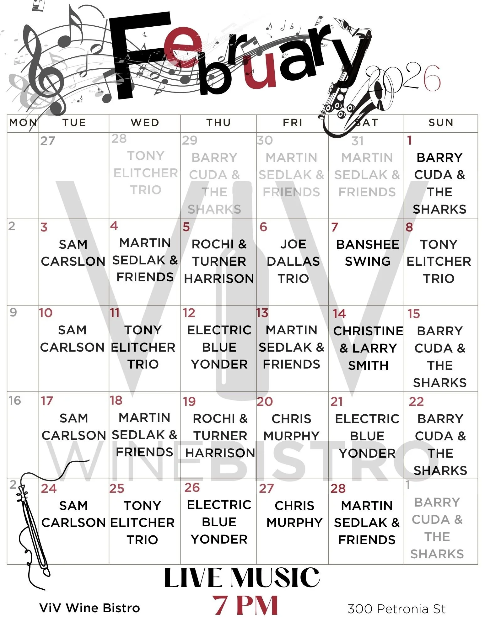 February Live Music schedule