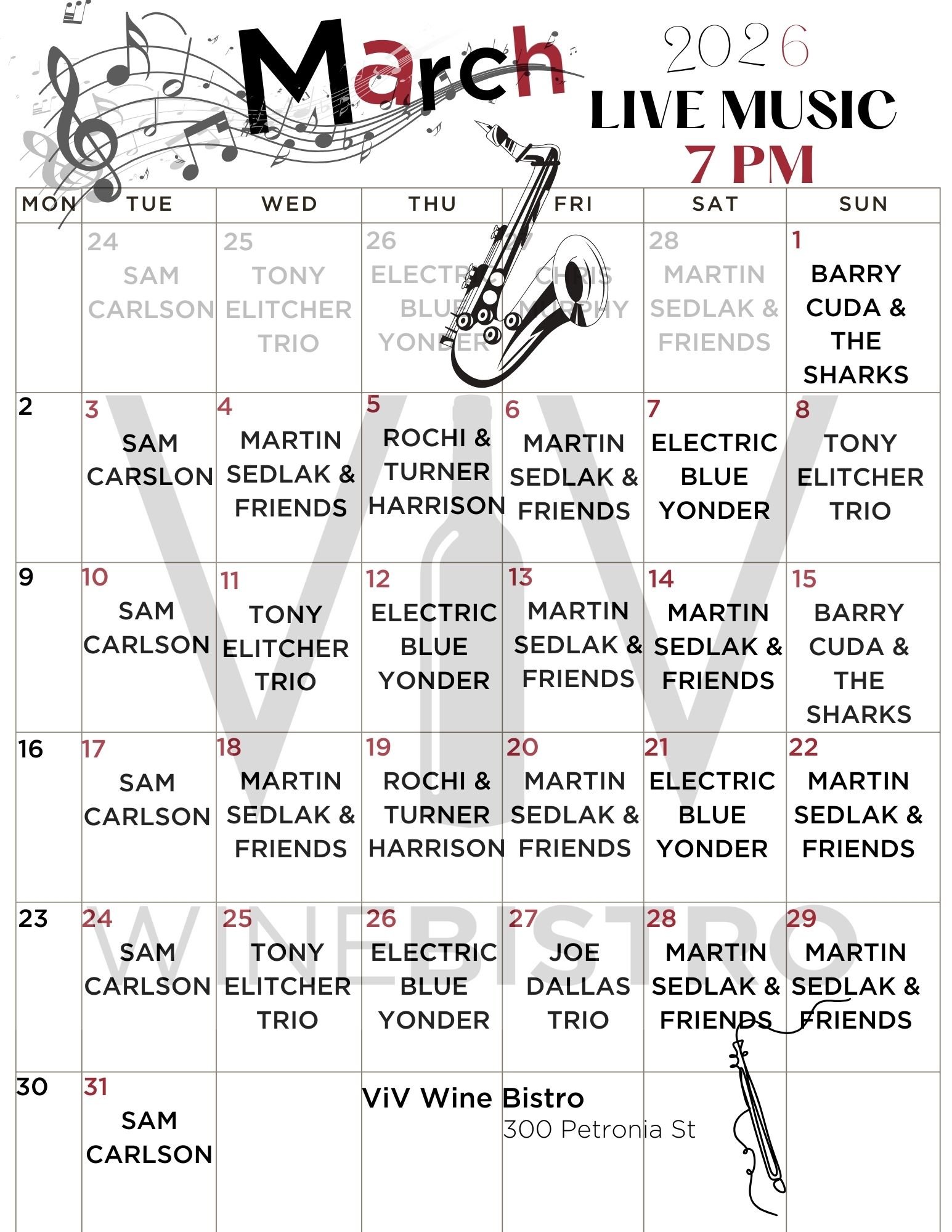 March Live Music schedule