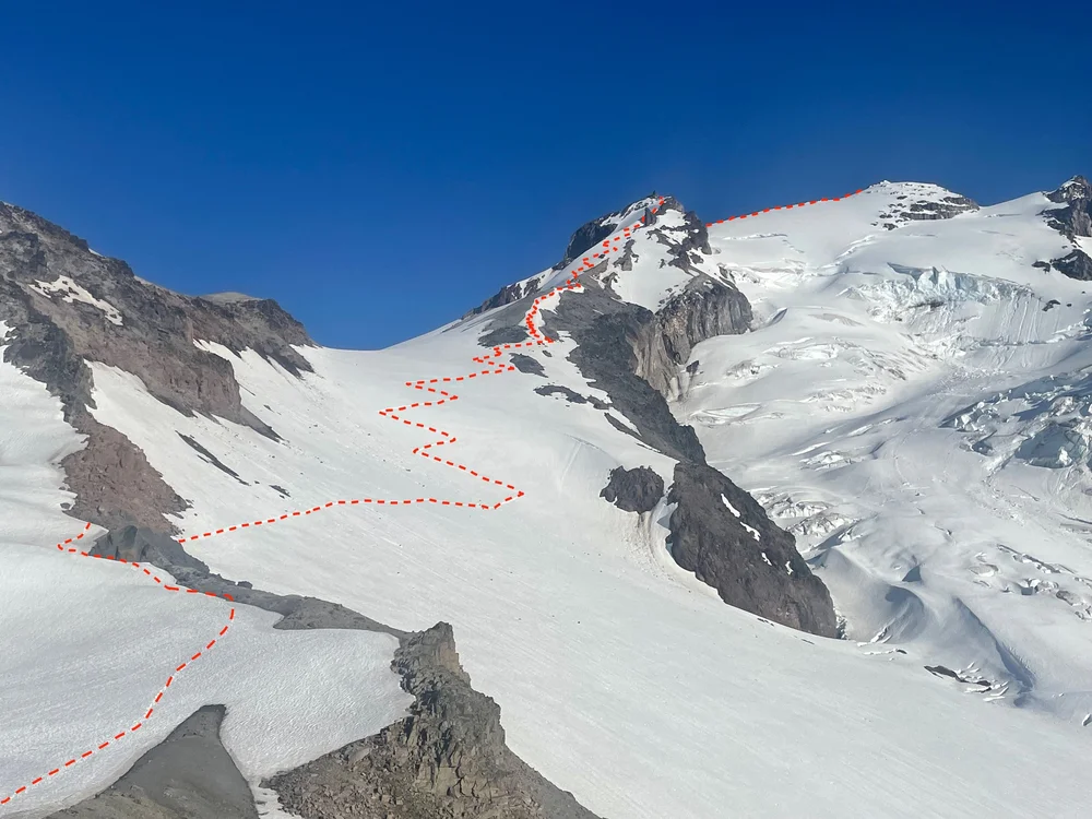   The route follows the Frostbite Ridge to the Rabbit Ears. Conditions can be highly variable and will determine the use of crampons, ropes, etc.  
