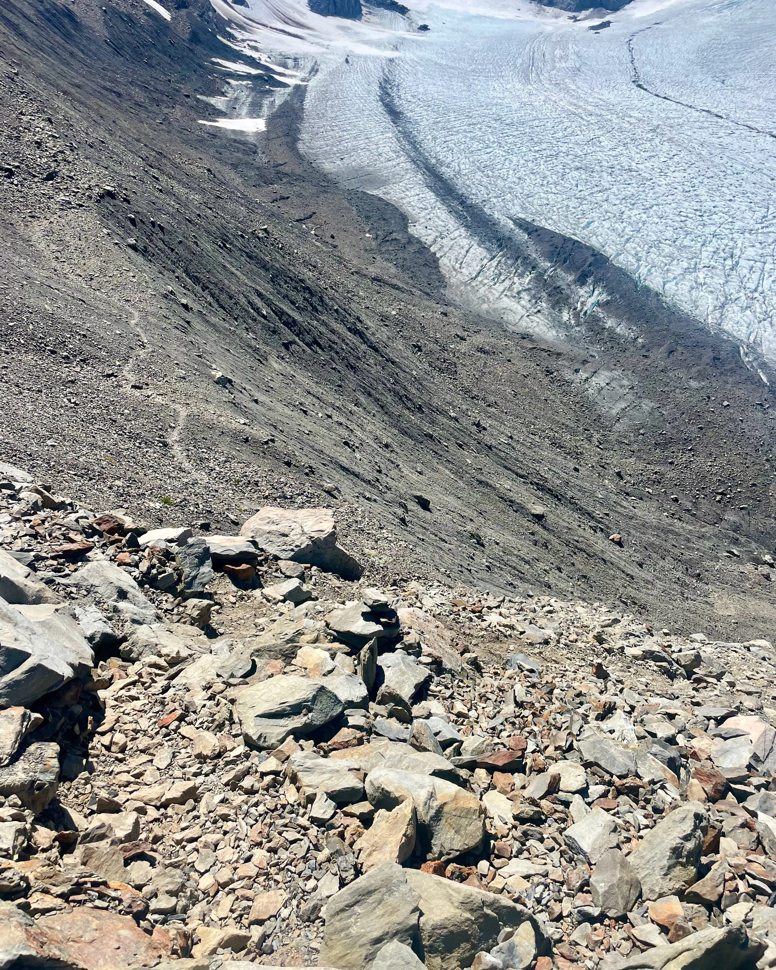   The view from the moraine looking down the trail to the glacier. The goal is to follow the trail - and when it seems to vanish, think like a trail crew and look where you would intuitively want the trail to go. It's actually very well cairned. Take
