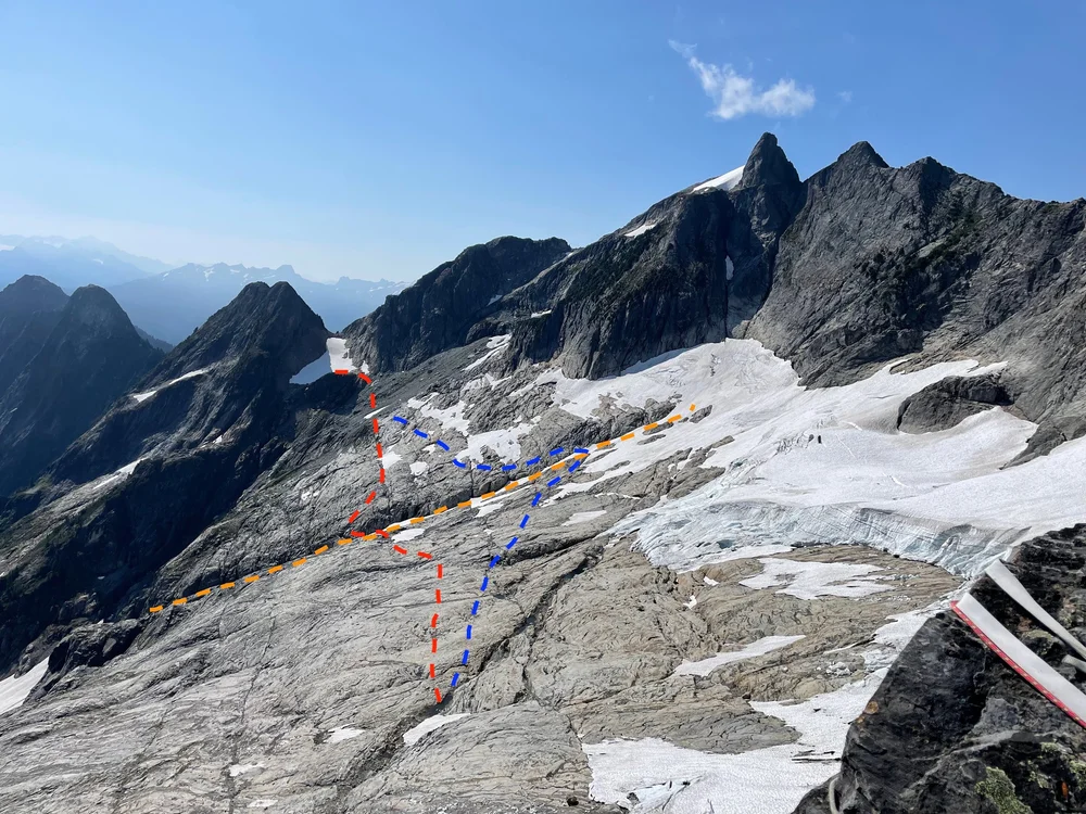   The view from the NE Ridge: Orange is the gully, blue is the high line, red is the low line.  