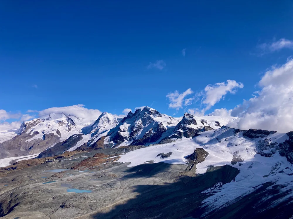 View of Monte Rosa, the Breithorn, and Klein Matterhorn