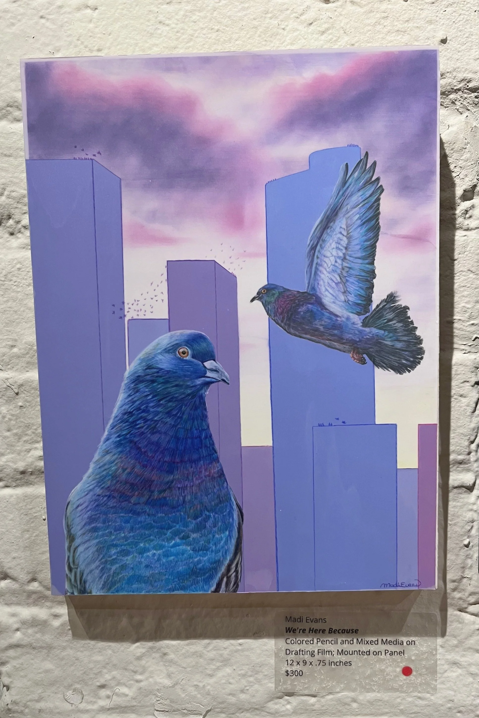 "We're Here Because" 2024 - SOLD // 
FRESH Exhibit (Artspace) // 
Colored pencil and mixed media on mounted drafting film