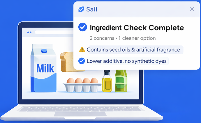 A computer screen showing a milk carton, bread, eggs, and bottles of oil on a digital grocery list. A pop-up indicates the ingredient check is complete, with warnings about seed oils and artificial fragrances, and notes lower additive content.