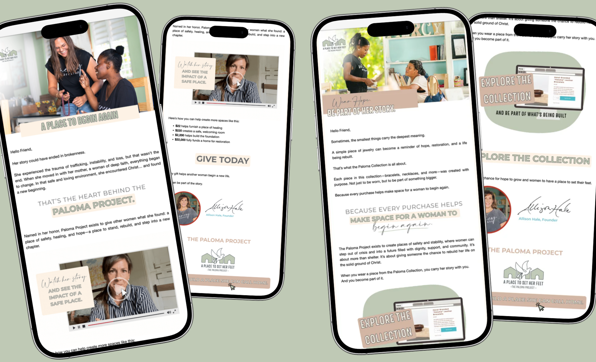 Mercy Workshop's Paloma Project Campaign Email Designs in four smartphone mockup images