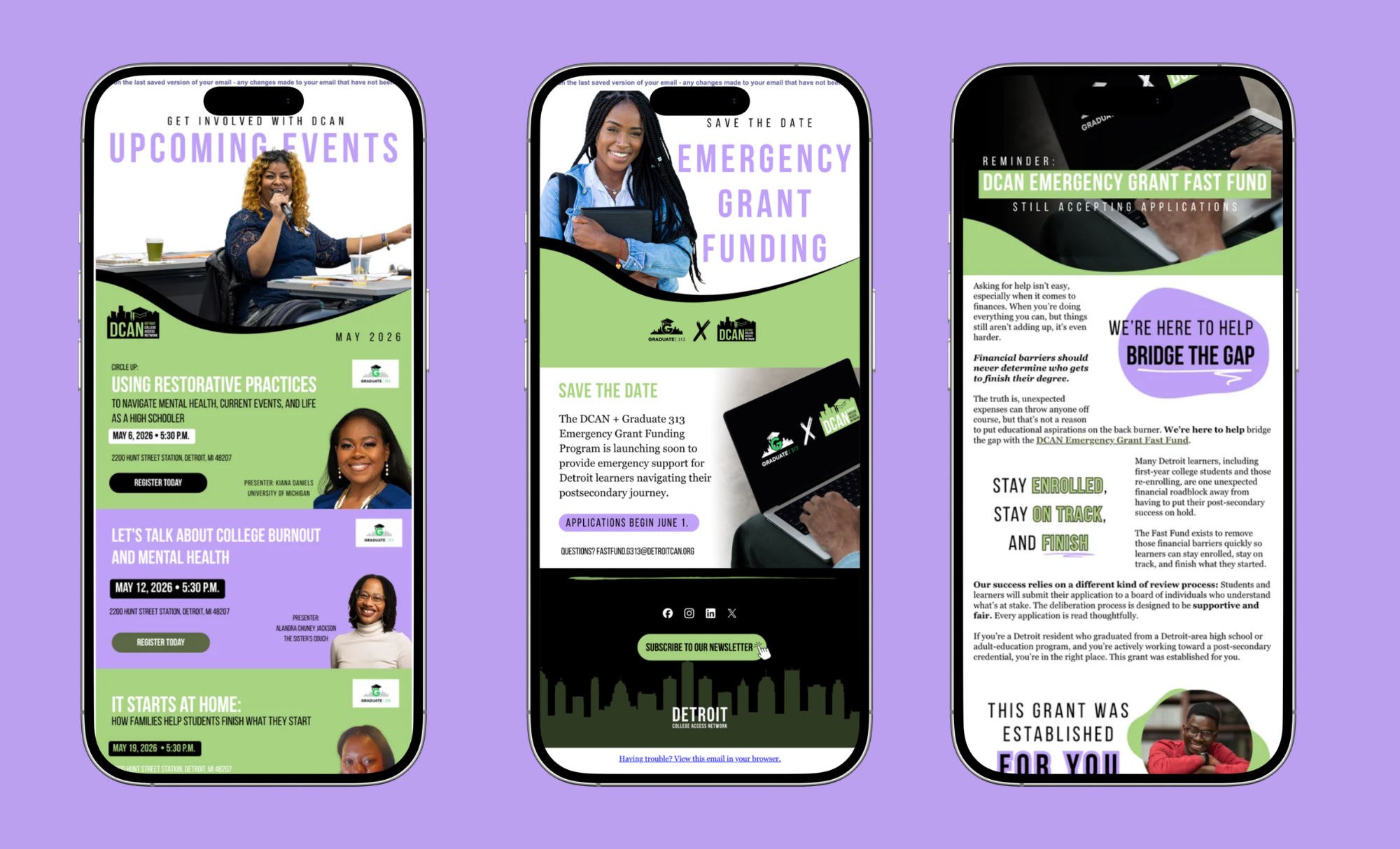 Detroit College Access Network Email Designs in three smartphone mockup images
