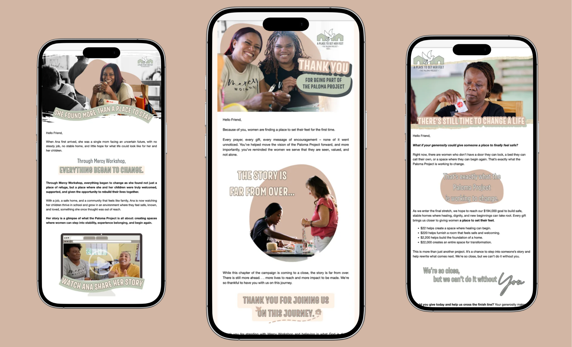 Mercy Workshop's Paloma Project Campaign Email Designs in three smartphone mockup images