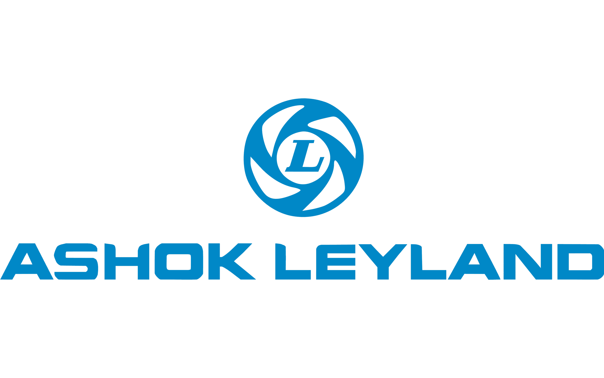 Logo with a black background, a blue circular emblem with a stylized camera shutter and a letter 'L' in the center, and the words 'ASHOK LEYLAND' in blue capital letters below.