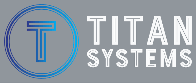 Titan Systems logo with a large stylized 'T' inside a circle on a gray background.