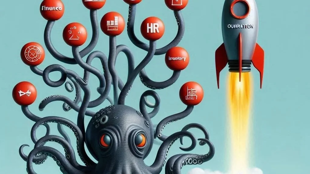 Graphic image of an octopus with various business system graphic in each tentacle and a rocket ship blasting off to the right