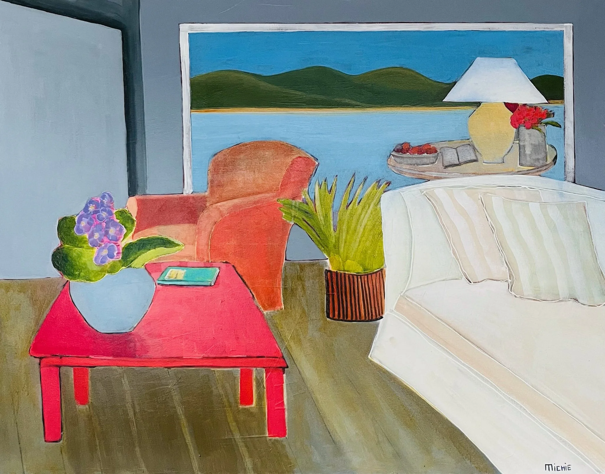 Painting of a living room, featuring a chair, a couch, a plant, and various objects in front of a large window with ocean and mountains
