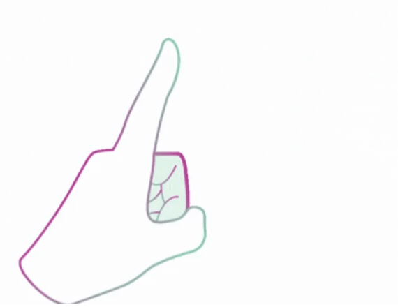 A line drawing of a hand with the index finger pointing upward, outlined in multiple colors.