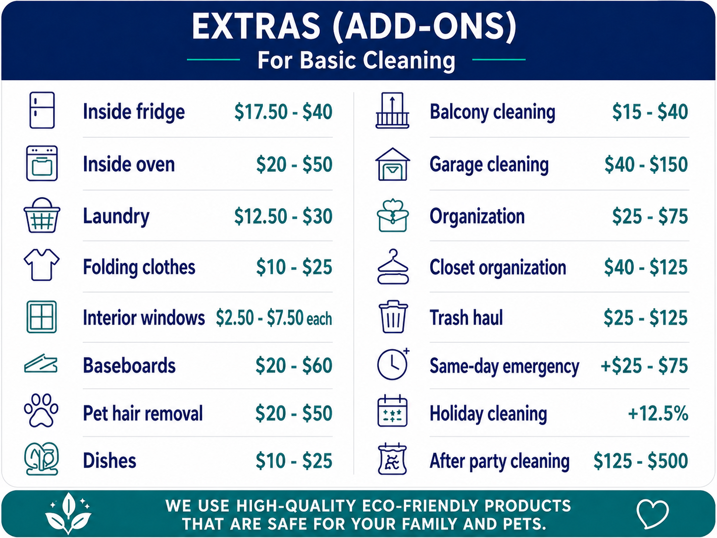 Price list of additional cleaning services including inside fridge, oven, laundry, folding clothes, interior windows, baseboards, pet hair removal, dishes, balcony cleaning, garage cleaning, organization, closet organization, trash haul, same-day emergency, holiday cleaning, and after-party cleaning, with price ranges.