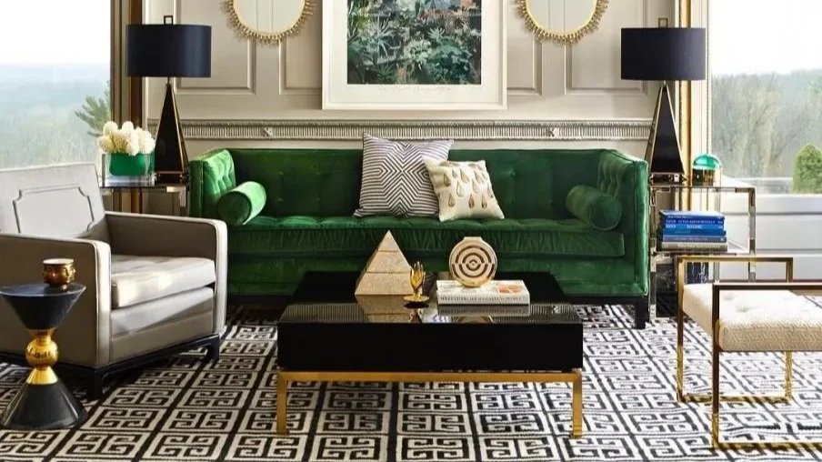 lacquered coffee table, green sofa, and Greek key rug