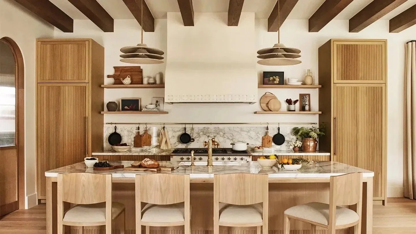 open shelving warm wood kitchen