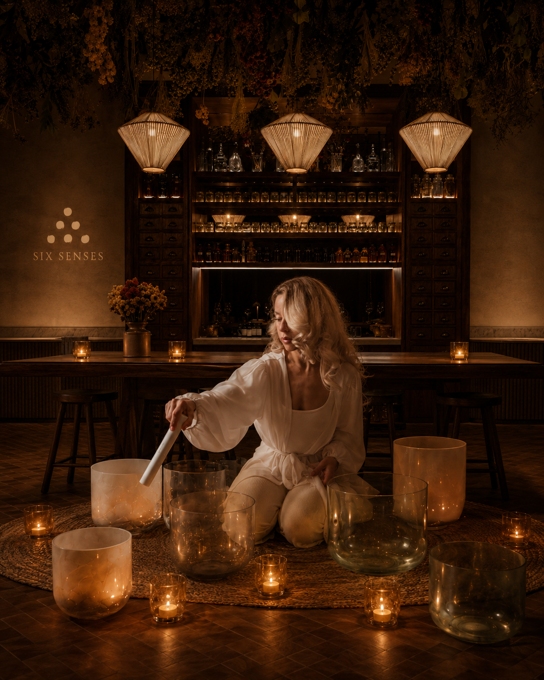 A woman sitting on a rug, surrounded by glass and metal singing bowls, in a dimly lit room with candles. Behind her is a wooden bar with shelves of bottles and jars, and floral decorations hang from the ceiling.