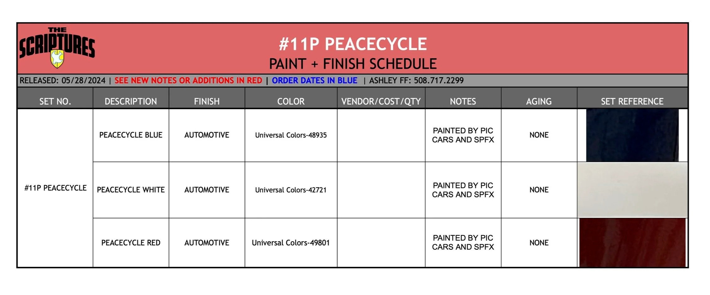 Peacecycle Paint + Finish Schedule