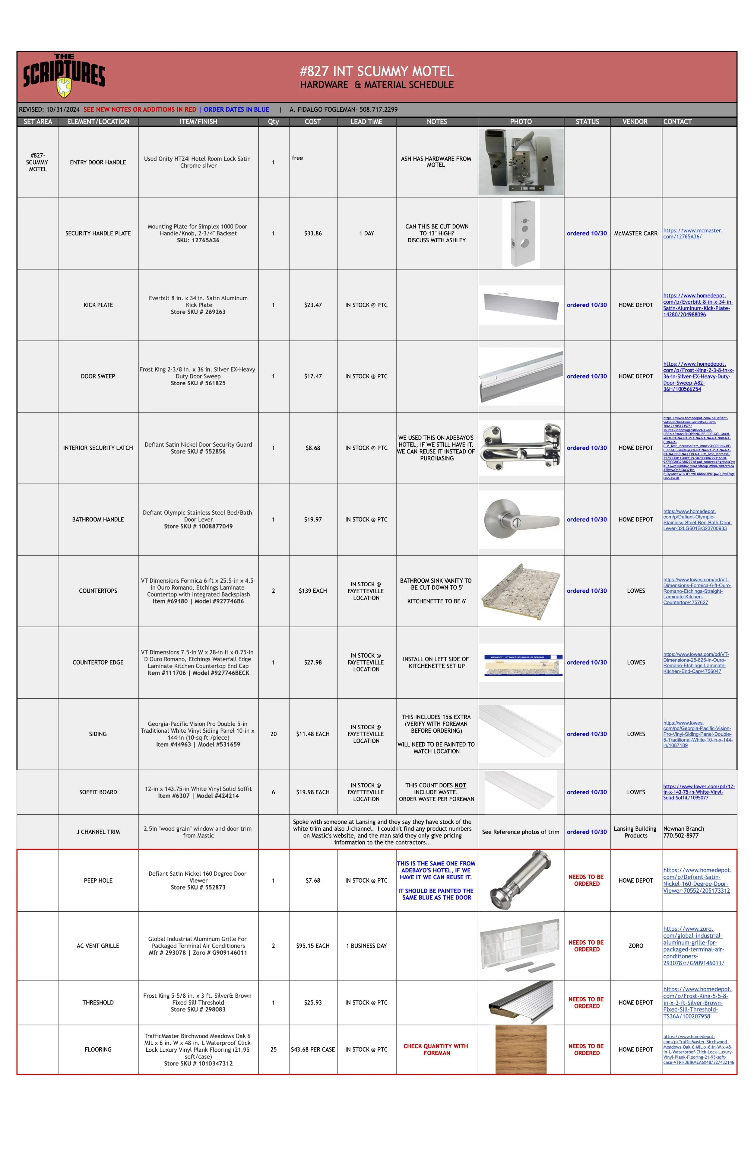 Hardware + Materials Schedule