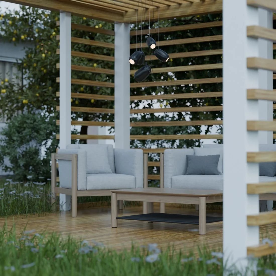 Modern outdoor living space with a pergola and lounge seating