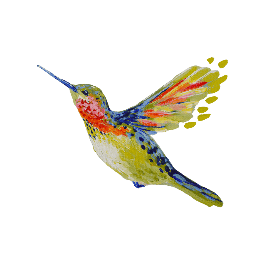a colorful acrylic painted humming bird by the artist Sharon Cleere