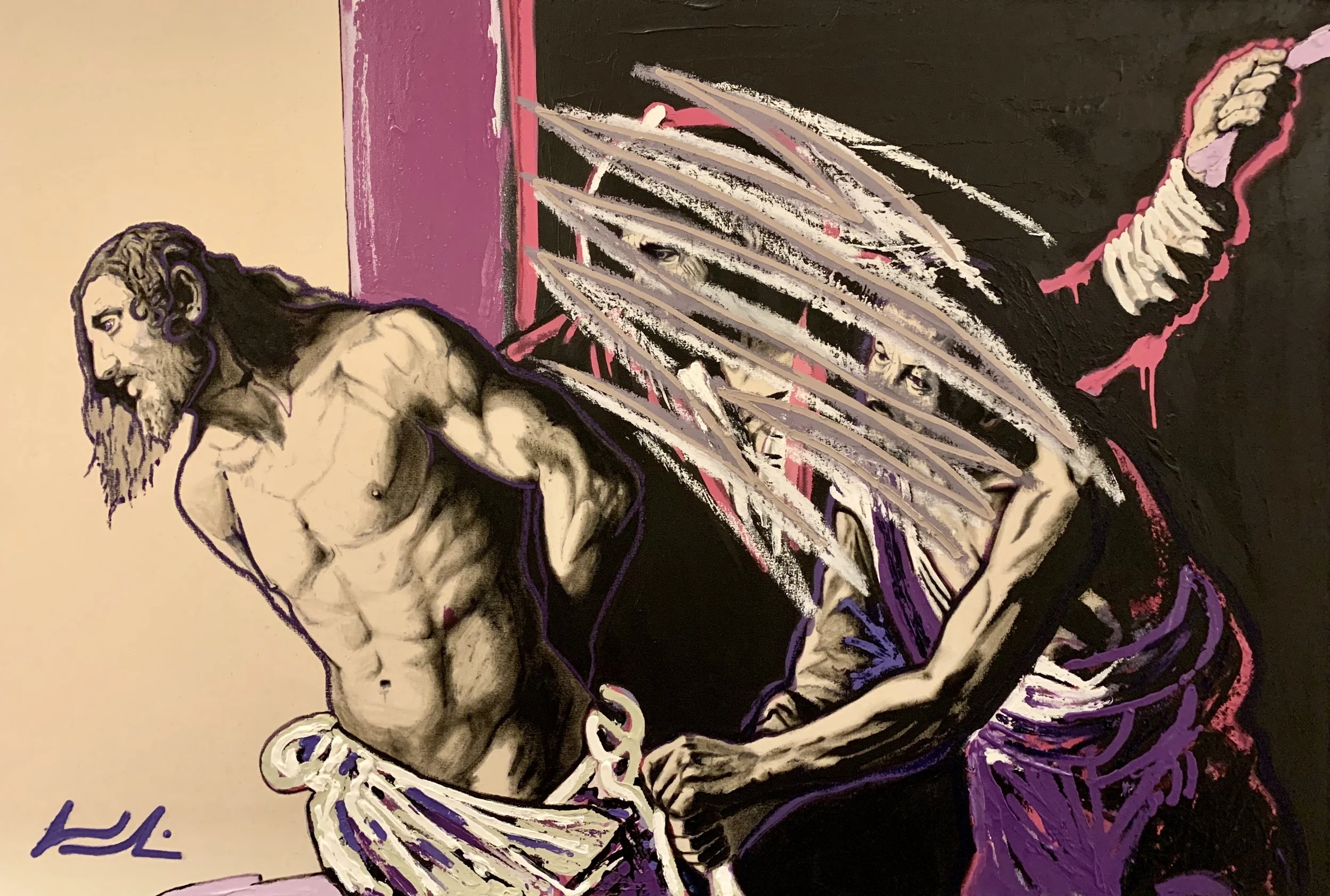 A stylized portrait of Jesus Christ, depicted with a detailed face and long hair, with a crown of thorns on His head, and a dark background. The artwork is signed by the artist in the bottom left corner.