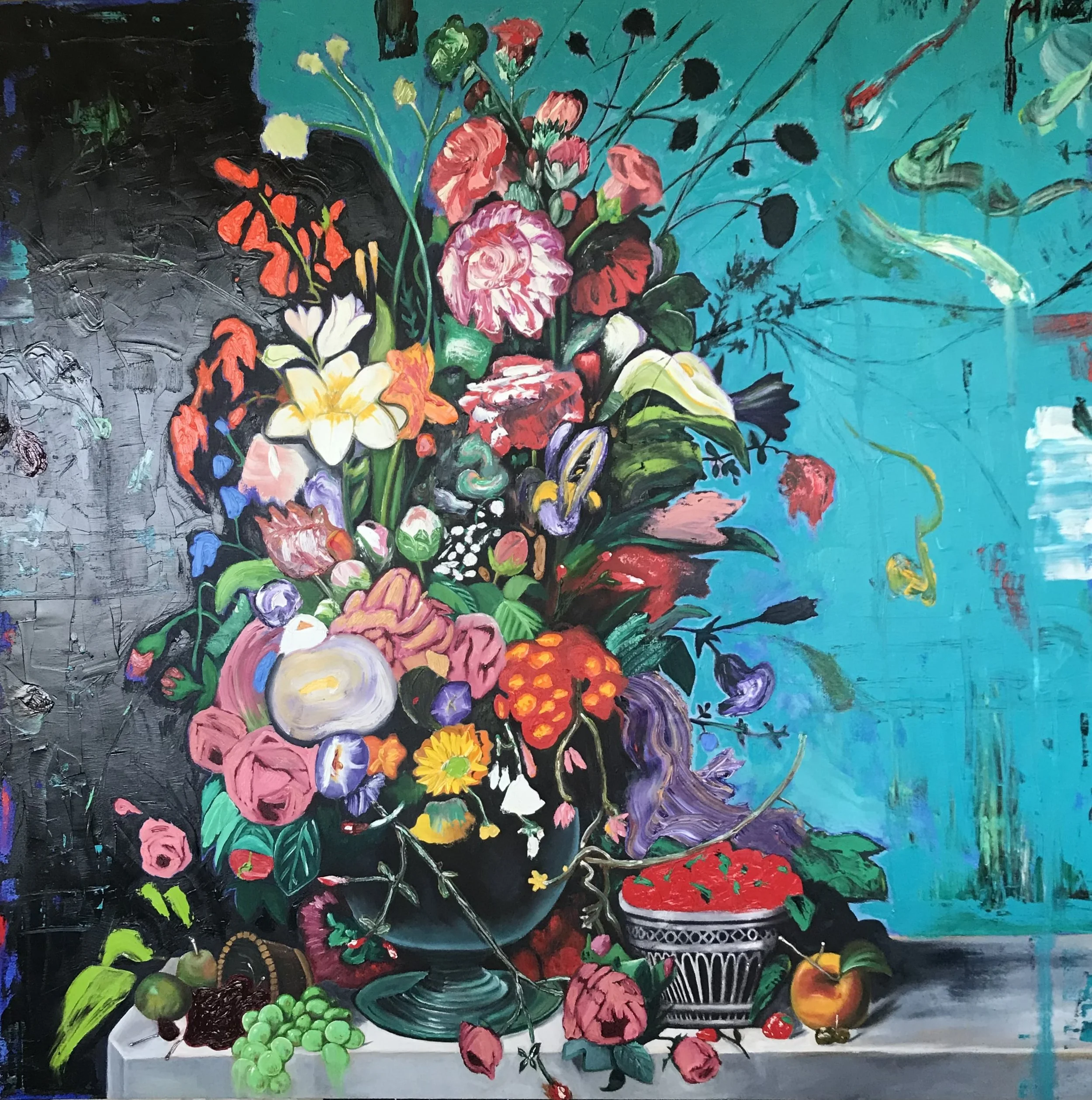 A vibrant painting of a large bouquet of multicolored flowers in a green vase on a gray surface, with a bowl of red fruit, a pear, and grapes in front, set against a background split between dark and teal sections.