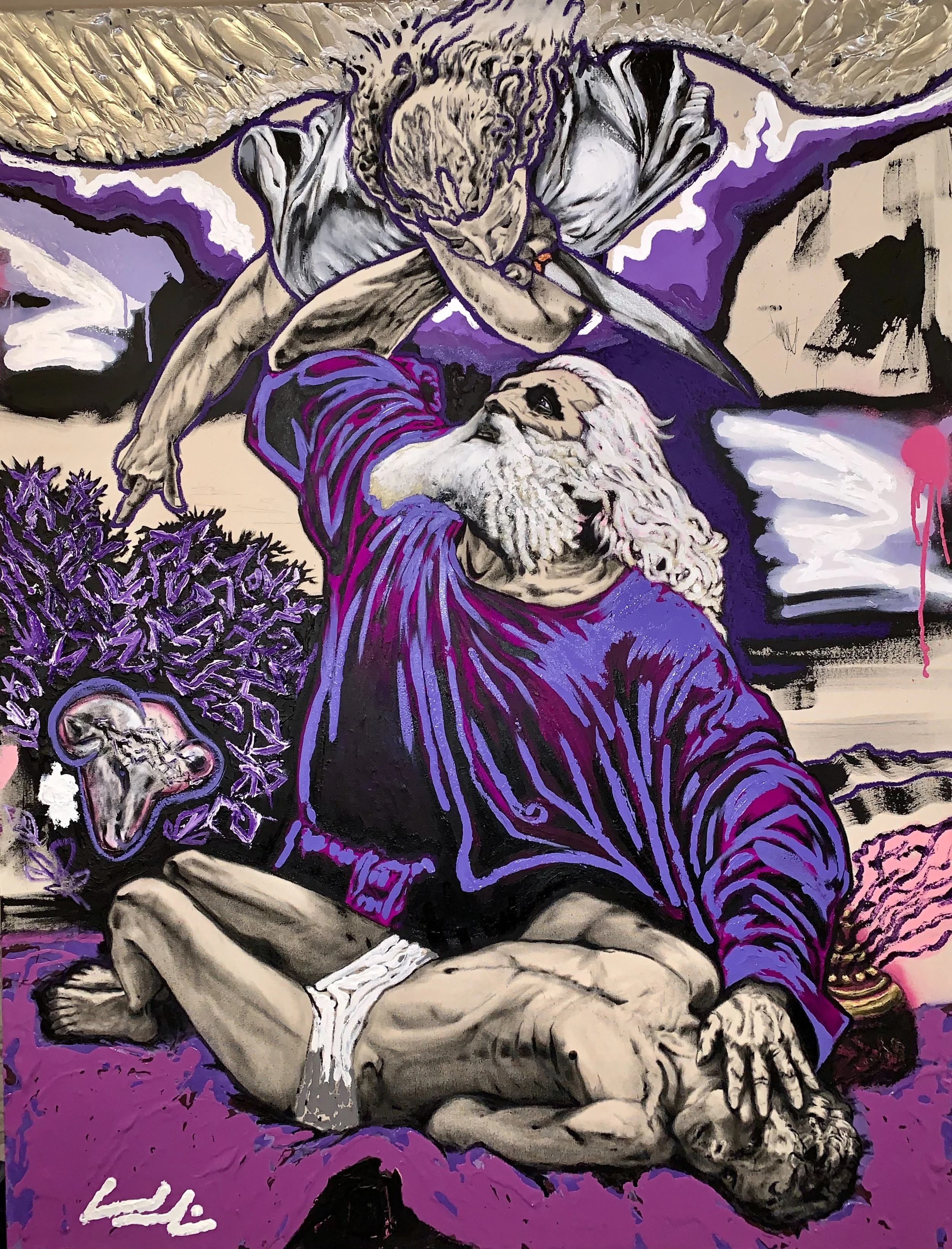 A vivid graffiti-style mural depicting a biblical scene of Jesus Christ's crucifixion with an angel hovering above, painted in shades of purple, black, white, and pink.