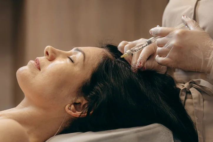 A woman receiving a cosmetic or medical injection in her forehead from a healthcare professional wearing gloves.