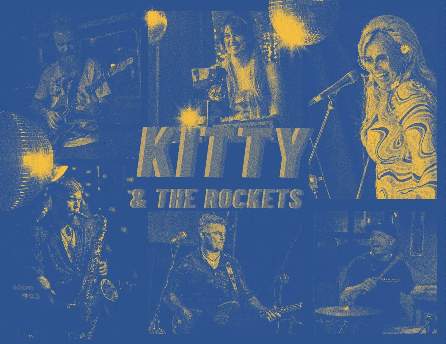 A band named Kitty & The Rockets performing on stage, including a guitarist, a female vocalist, a saxophonist, and a female singer with a microphone, illuminated by colorful stage lights and disco balls.