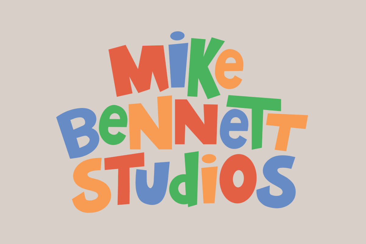 Colorful, playful text that reads "Mike Bennett Studios" on a light beige background.